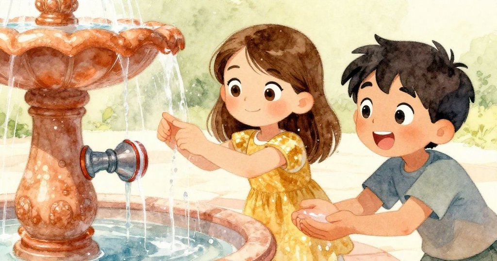 阿特拉斯按住噴泉按鈕控水，格蕾塔雙手捧水欣賞陽光灑落水花，近鏡展現溫暖與細膩情感。