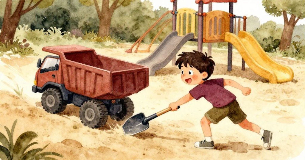 阿特拉斯推動小卡車，車輪滾動撞擊鏟子，沙粒飛揚展現動感與解困瞬間，緊張中透著喜悅。