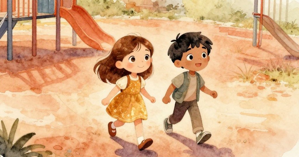 格蕾塔與阿特拉斯在夕陽下並肩走出遊樂場，長影柔美，臉上流露出滿足與溫馨的告別情懷。