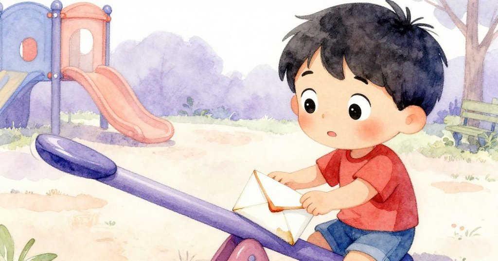 Jasper專注地注視著沾油的信封，眼中滿是驚奇與期待，背景隱約呈現明亮的遊樂場氛圍。