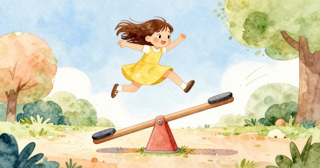 Nina從低角度被捕捉到活力四射地跳上高起的一端，展現出挑戰和快樂的動感。