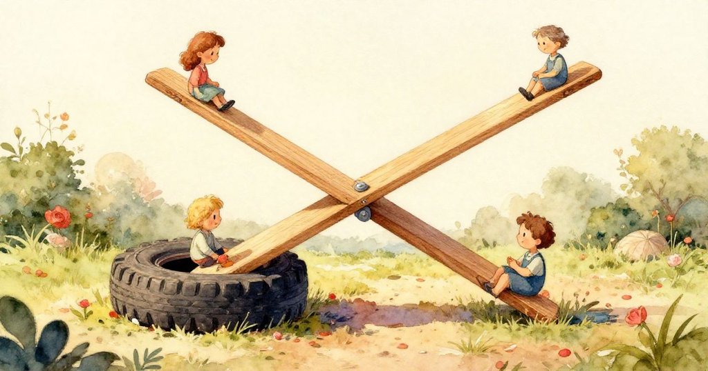 家長在長椅上緩慢翻頁，注視著鞦韆上沾油的信封與素描，呈現出溫馨而靜謐的午後情景。