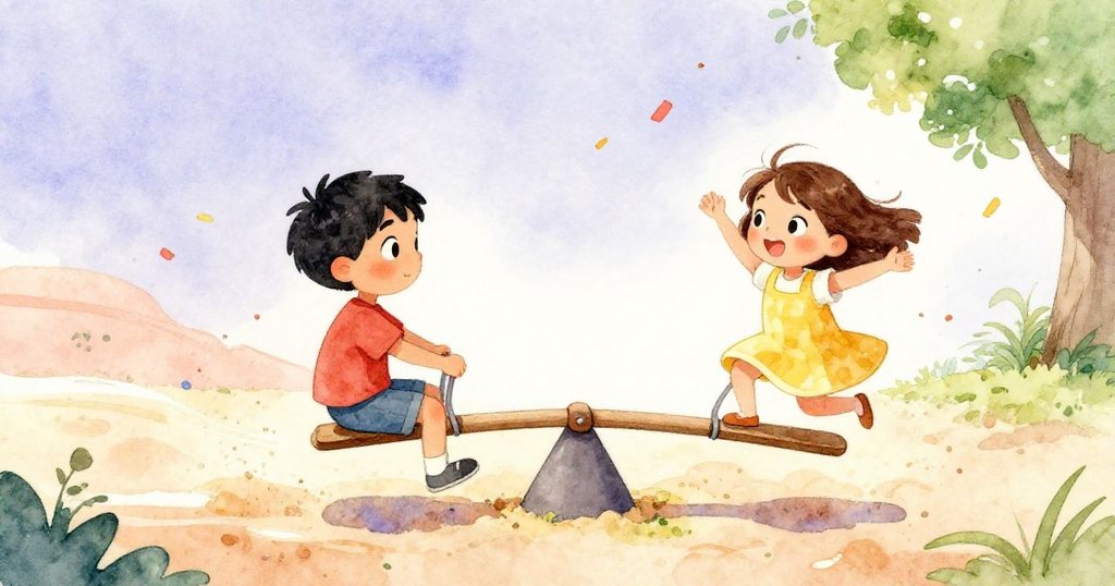 Jasper與Nina在搖擺的鞦韆上調整姿勢，沙粒隨動作飄散，呈現出歡快活潑的午後動態美。