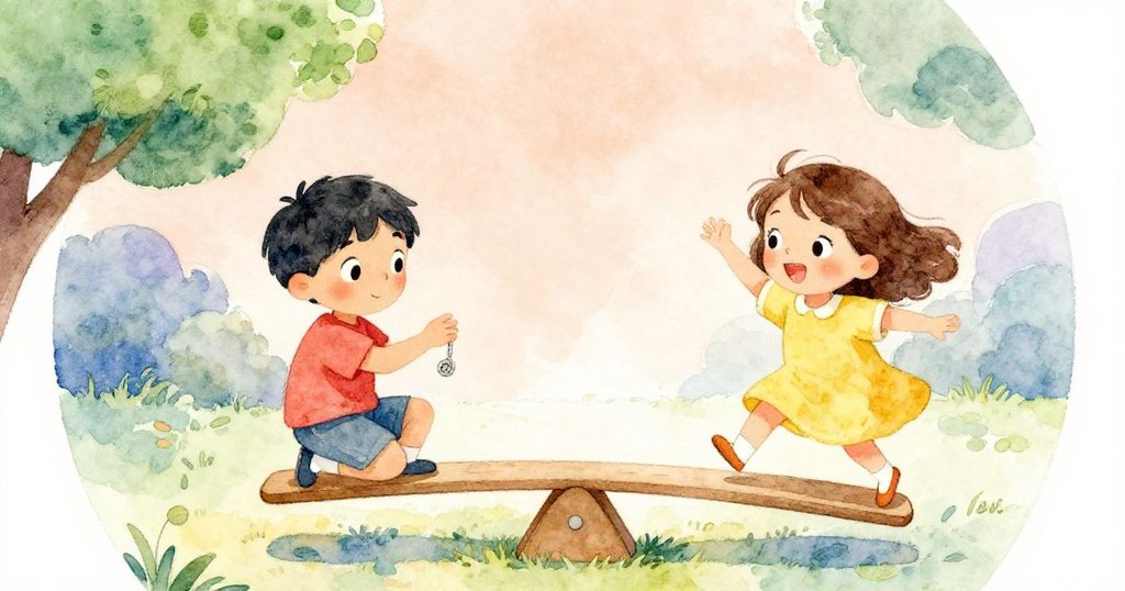 Nina輕觸鞦韆測試平衡，Jasper悄然將小墊圈收入口袋，展現出寧靜而滿足的遊戲結局。