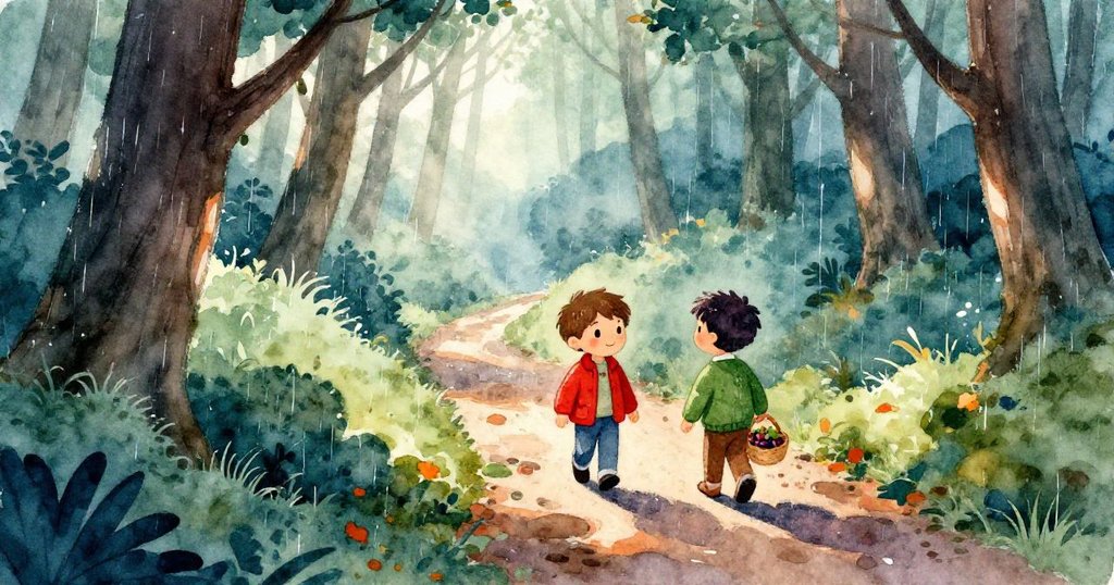 諾蘭與費利克斯在雨後濕潤森林中探險,諾蘭觸摸苔蘚,神情充滿好奇與期待。