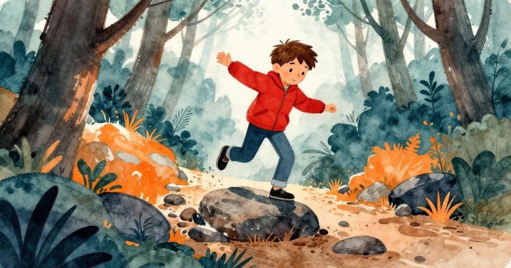 諾蘭在森林步道上踩上搖晃岩石,低角度呈現決心與動態,展現岩石細緻紋理。