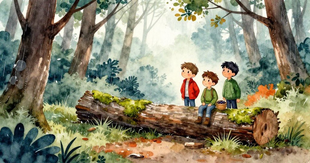 濕潤森林中,苔蘚覆蓋的原木在陽光下閃光,兩位男孩面帶好奇和堅定凝視前方障礙。