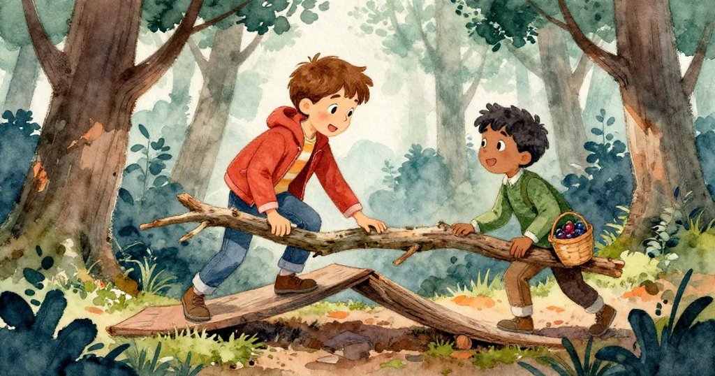 諾蘭與費利克斯合作將長樹枝撐作臨時橋樑,兩人充滿興奮與專注動作生動,展現森林合作情景。