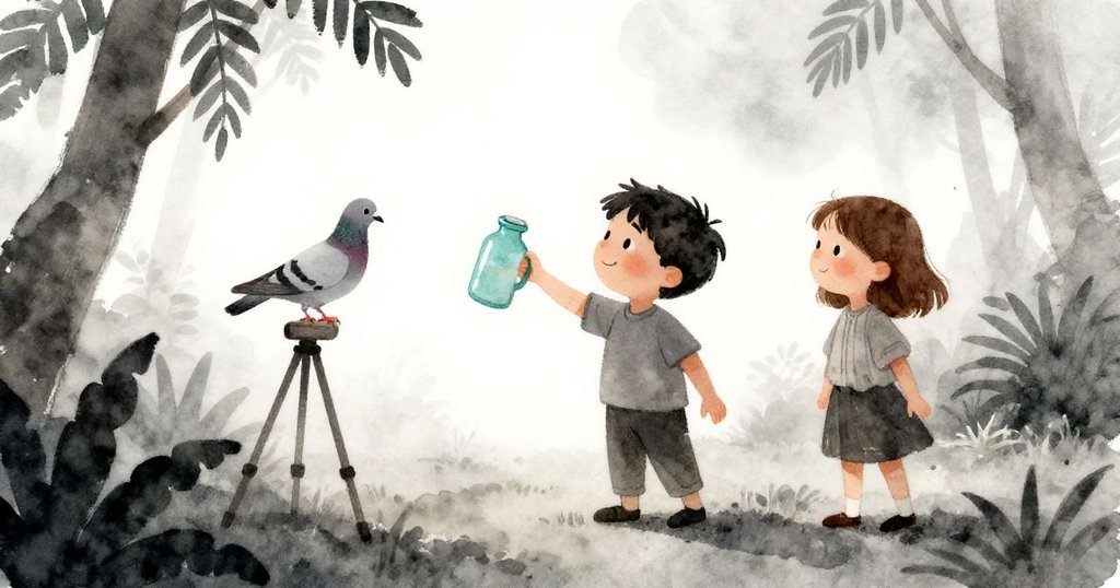 晨霧中,Zander活力呼喚鴿子,握著搖盪的藍綠油漆瓶,Dina忙於熱帶植物,畫面柔和充滿晨光。