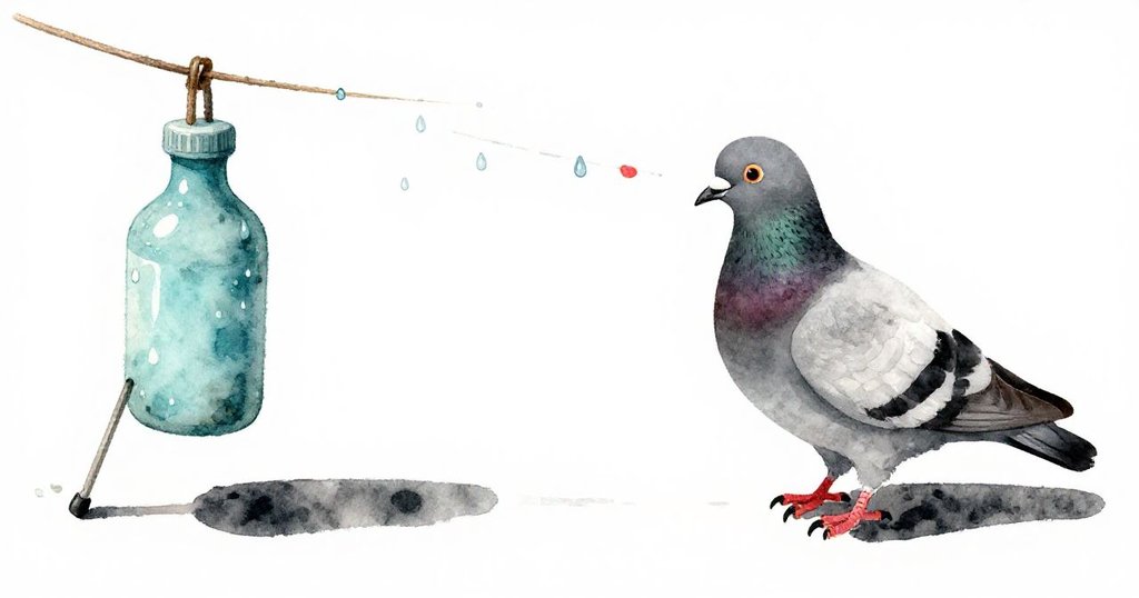 Zander觀察著雨後發亮的細繩與藍綠油漆瓶,灰鴿輕降在三腳架上,展現細緻雨後痕跡與動態變化。