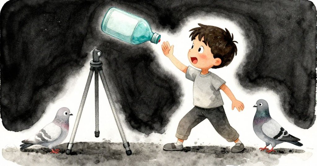 庭院中三腳架微傾,藍綠油漆瓶劃出彎曲弧線,Zander迅速調整,灰鴿靜觀其變,畫面充滿動感。