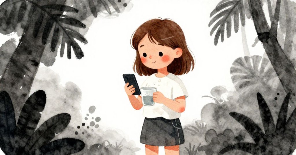 Dina手握沖洗好杯子與手機,注視著演變中的油漆畫,背景熱帶植物隨風搖曳,場景柔和而靜謐。