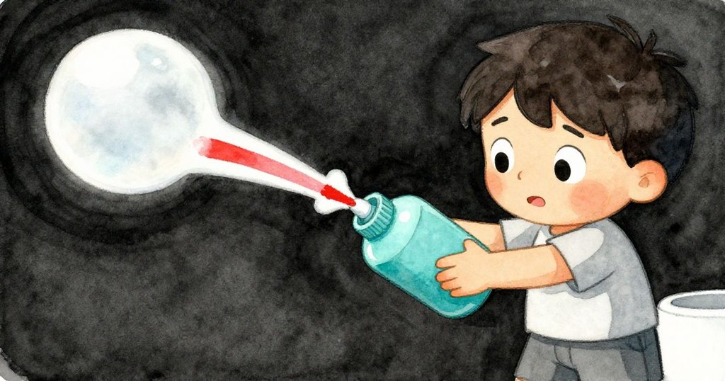 Zander專注壓擠藍綠油漆瓶,氣泡輕逸溢出,油漆流出新線條,面部表情專注,畫面細膩生動。