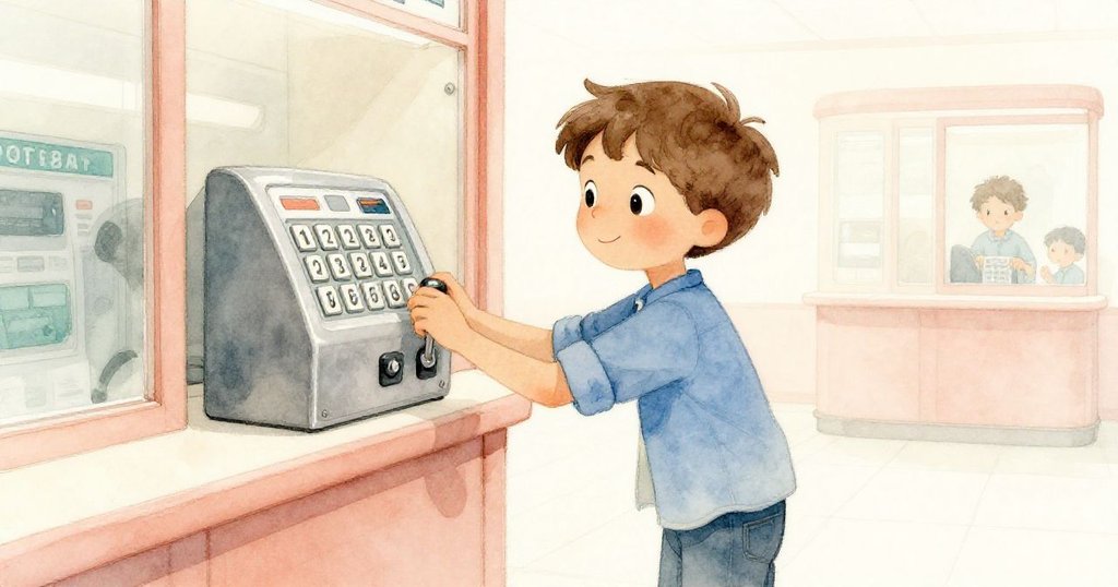 芬恩在郵局內傾身按下閃亮桿子,背景中現代化櫃檯與柔和光影展現出一絲神秘感,情緒專注而好奇