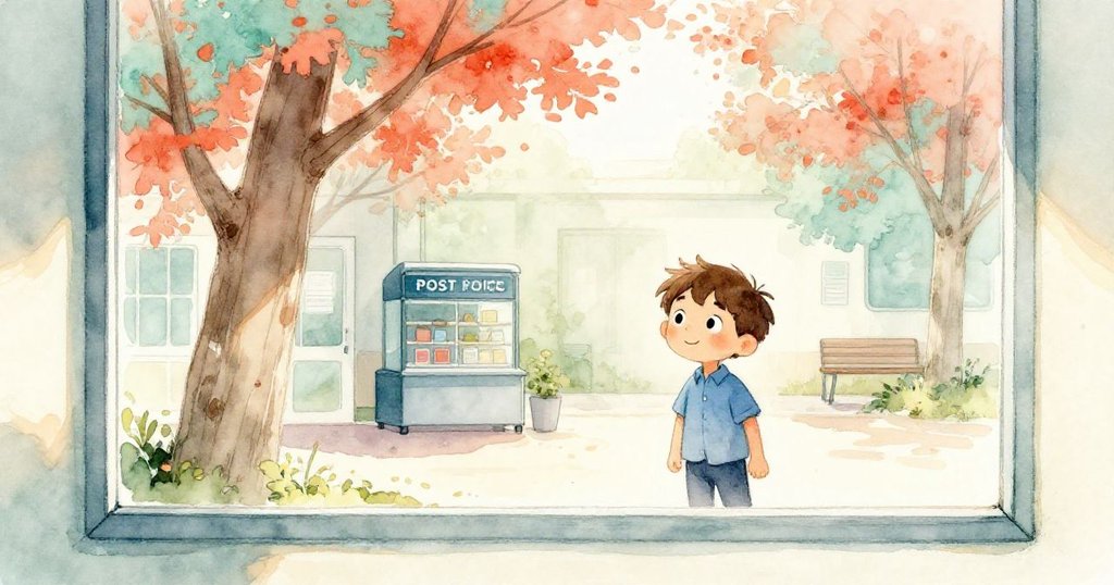 透過窗戶可見午後輕風吹拂的小楊樹,芬恩在室內靜靜注視窗外自然搖擺,神情平和且充滿好奇