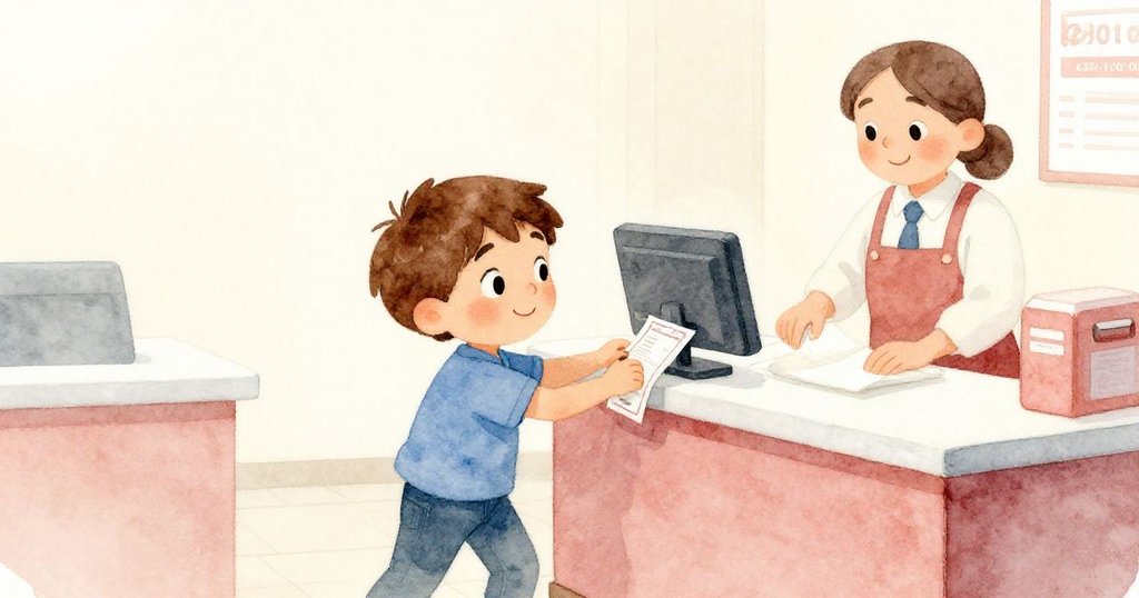 芬恩在櫃檯上調整半撕票據,郵局職員協助在泡沫冷藏箱下放置吸水墊,畫面溫暖中透著決心與合作