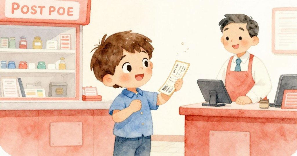 芬恩成功擁有可讀票據後臉上綻放出喜悅笑容,郵局職員也表現出認可,場景溫馨充滿慶祝氛圍