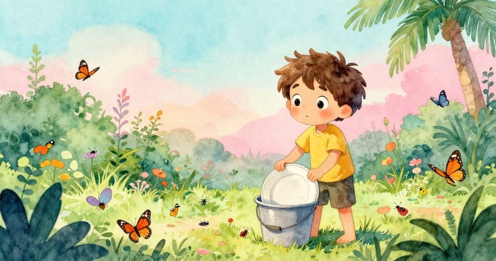 布雷克在花園中舉起盤子環，水膜閃爍伴隨著蝴蝶和昆蟲，神情充滿好奇與期待，展現故事開端。