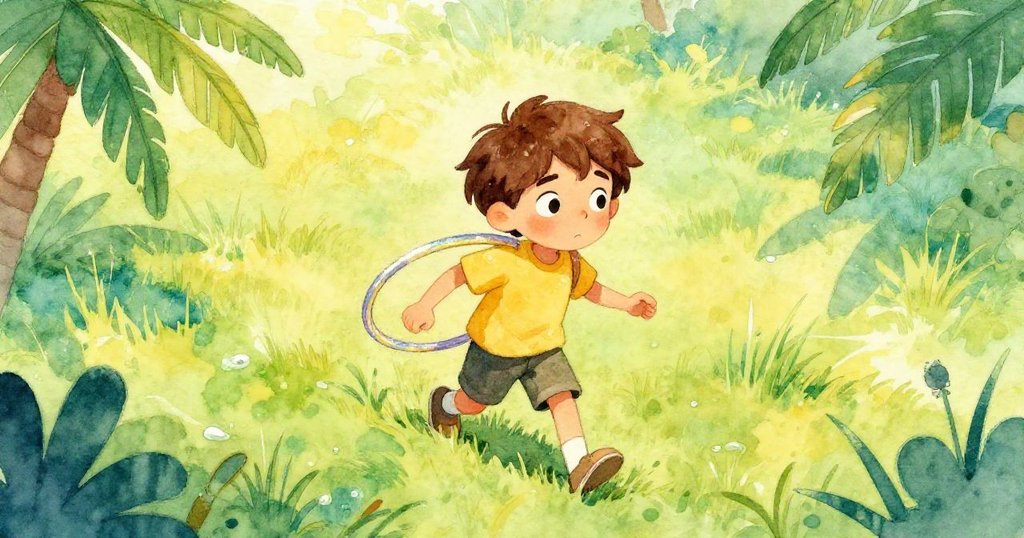 布雷克在高處角度穿越濕潤草地，手持閃光皂膜環，表現出認真與堅定，講述故事中段。