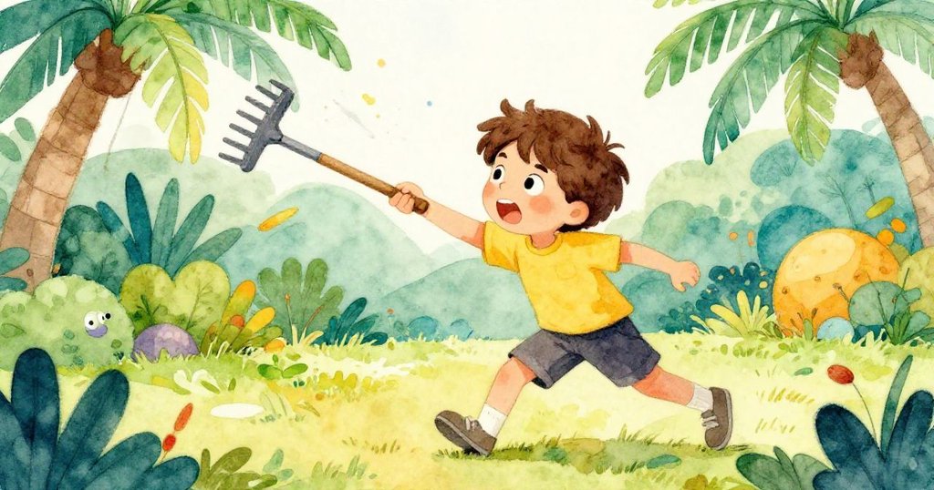 布雷克急速奔跑追逐滑動的耙子，草地飛揚，面部流露緊張與期待，營造激烈情境。