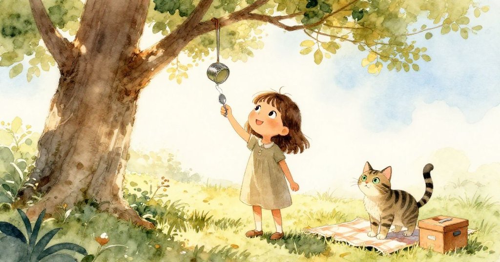 金色午後下，Kira站在樹蔭中觀察樹枝上靜止的湯匙風鈴與顫動的鐵蓋，Suki在毯子上關注環境，溫馨氛圍。