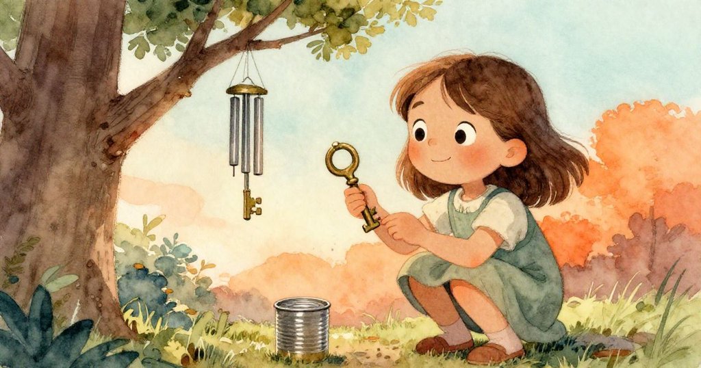 Kira蹲在戶外樹枝旁，手持磨圓邊的銅鑰匙認真比對湯匙風鈴與鐵蓋，神情堅定又好奇，溫暖光線襯托。