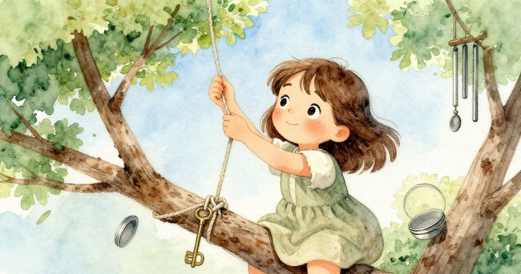 從高處俯視，Kira專注調整樹枝結與新線，銅鑰匙、湯匙風鈴與鐵蓋隨風輕晃，充滿沉思與柔光。