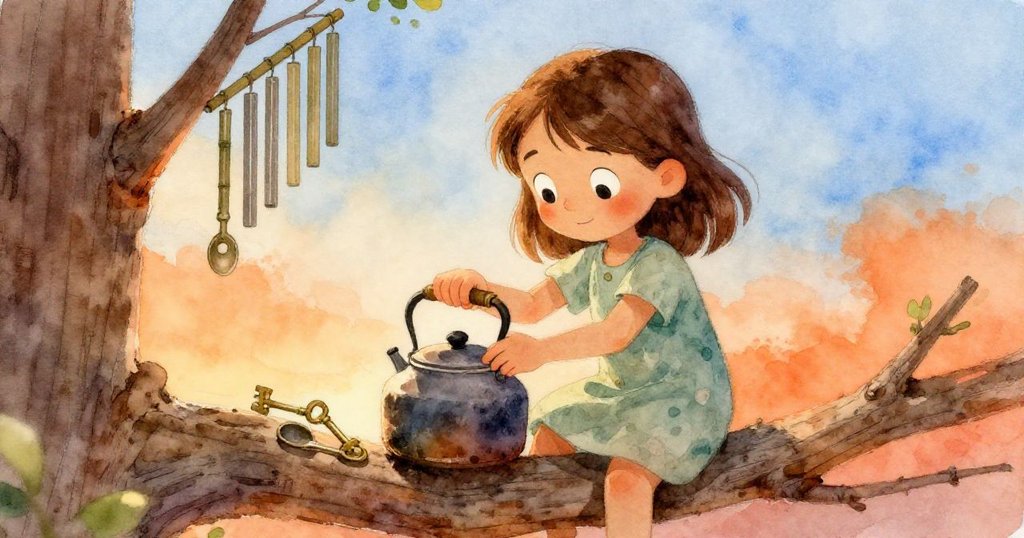 Kira面對新挑戰，大膽將凹陷水壺蓋置於湯匙風鈴與銅鑰匙間，用竹棍調整空隙，神情專注、動作穩健，明亮夕光映襯。