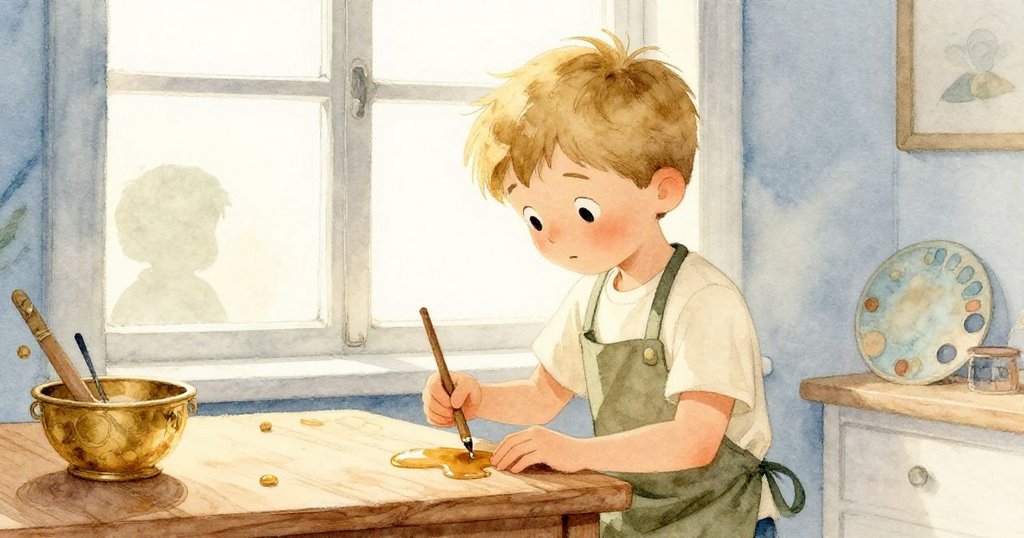 Erik在明亮早晨的廚房中注意到工作台上的黏痕，剪影呈現好奇與專注的情緒。