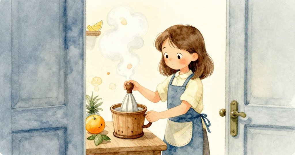 Luna從半開的門縫中輕拍木榨汁機，釋放出俏皮的柑橘霧氣，表情溫柔，室內布置溫馨。