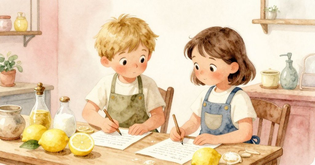 Erik與Luna在新室內熱情合作，圍繞著滿放檸檬、糖與紙條的工作台進行檸檬水調製，場景溫暖宜人。