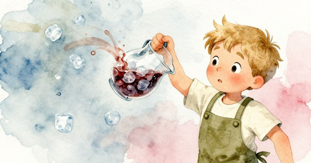 Erik充滿動感地傾倒玻璃水壺，冰塊隨著糖漿飛旋，專注追求完美調配，場景展現迅速運動和熱情。