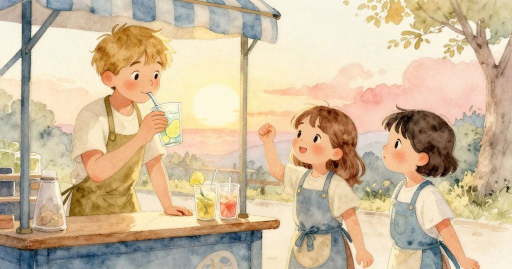 在金色夕陽下，顧客品嚐完美檸檬水，Erik與Luna互望滿意微笑，場景充滿溫馨與成就感。