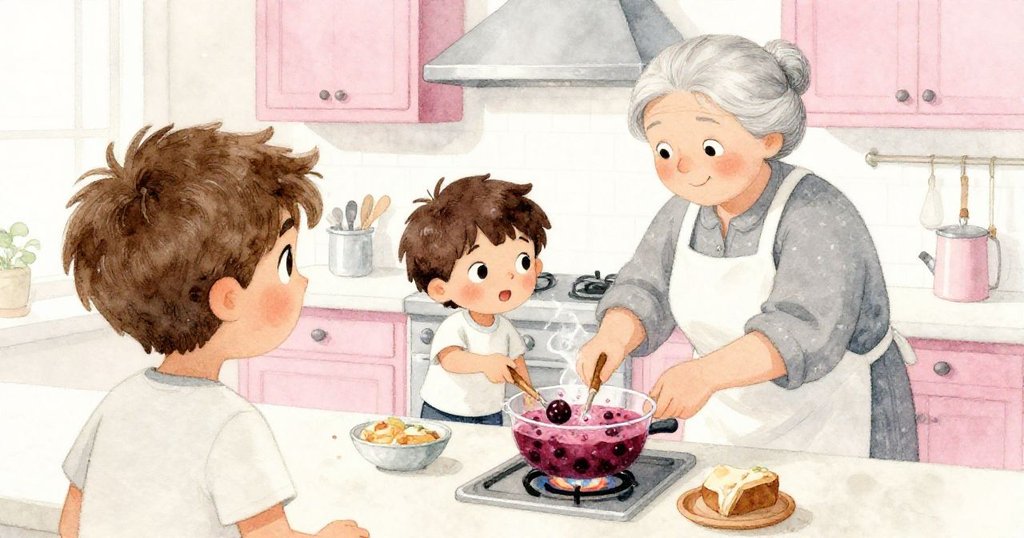 從背後看Atlas攪拌果漿，奶奶溫柔調控火候，兩代人齊心合作，廚房充滿溫暖氛圍