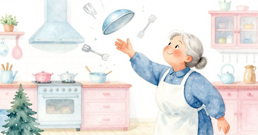 奶奶急速抓住旋轉的蓋子，拯救散落廚具，廚房角落充滿忙碌與溫暖