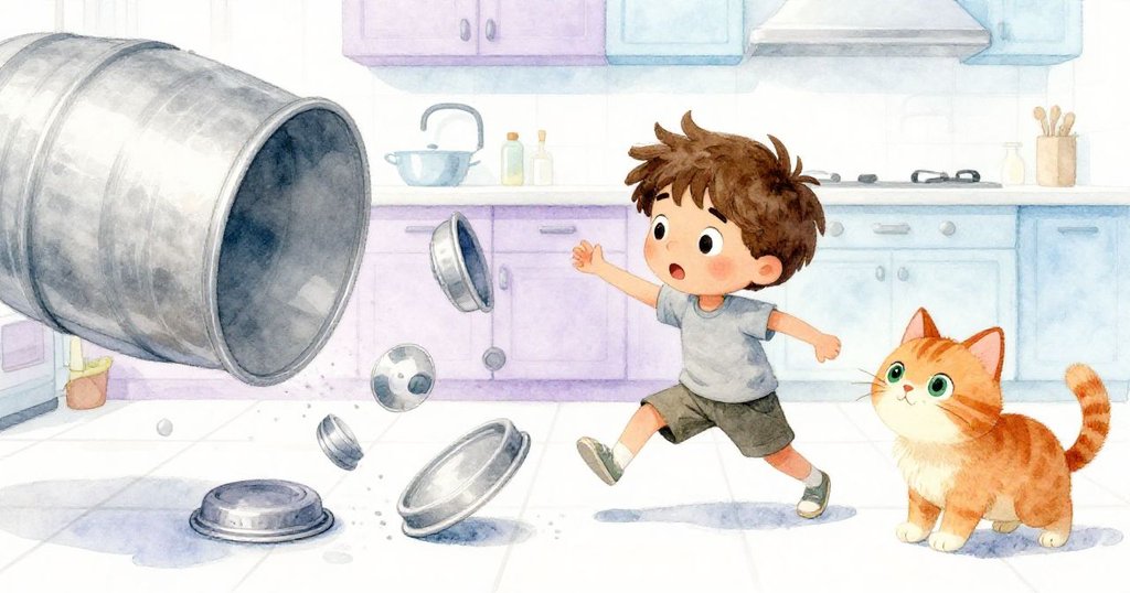 滾動的漏斗帶動蓋子四散逃逸，Fleur快樂追逐，Atlas驚訝觀察，廚房動態場面充滿活力