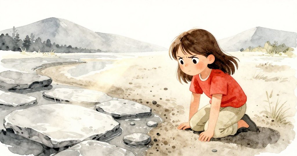 Ivy在明亮午後的堤岸上跪著，聚精會神地檢視石板，背景有反射山脈與閃亮流水，臉上顯露出決心。