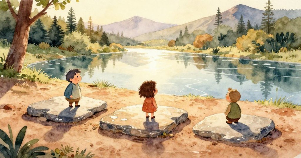 木盒靜靜浮在溪水中，緊靠著堤防，水滴閃爍，呈現堅持與靈巧的象徵，整體畫面細膩動人。