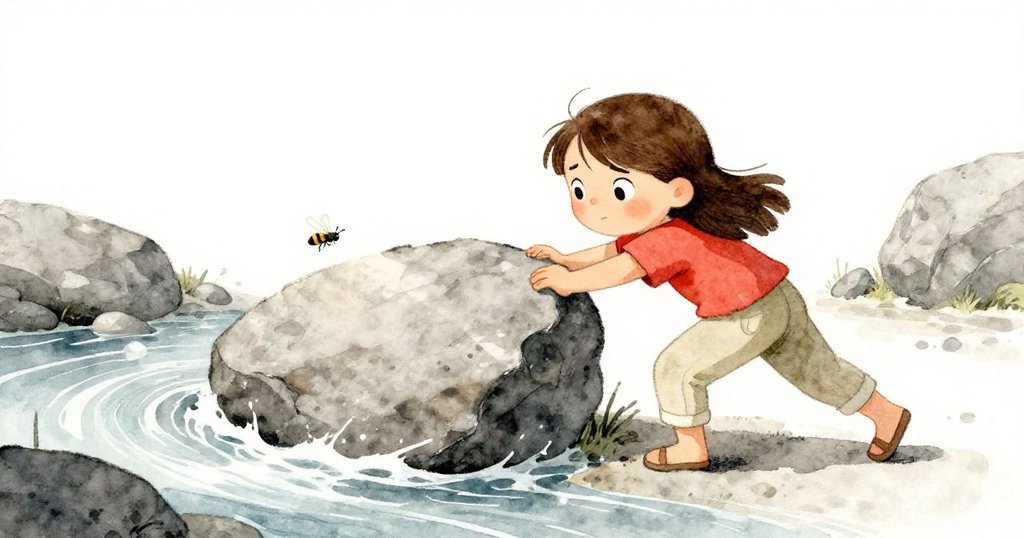 從低角度看Ivy奮力推動石板，抵擋急流，神情堅定，旁邊一隻小黃蜂在漂木間飛舞，充滿動感與堅毅。