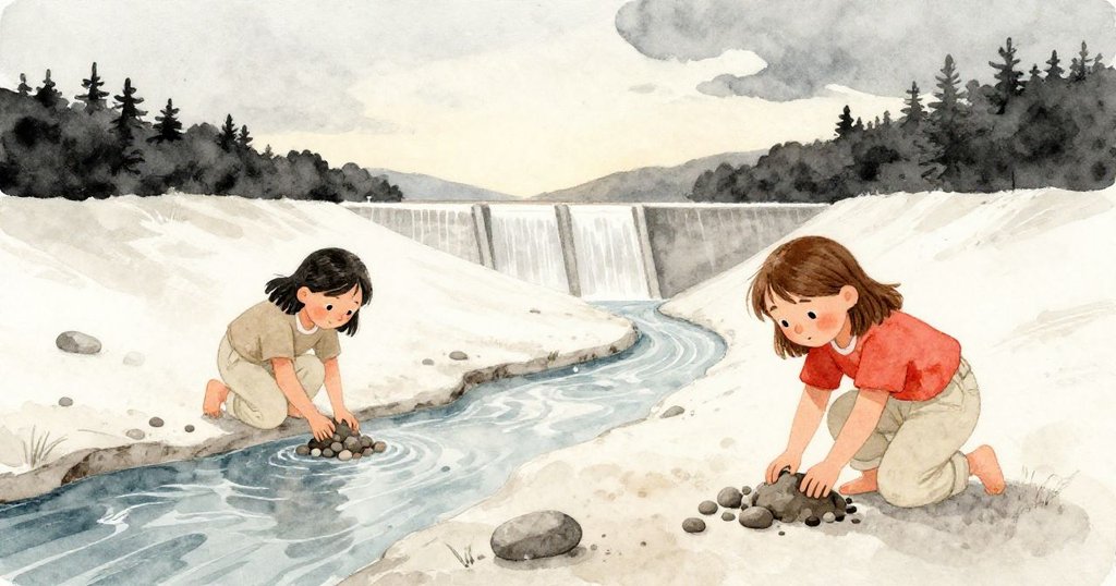 夕陽下Ivy細心鋪設鵝卵石於堤防上，溪流分隔成兩股靜流，映出溫柔夜色，畫面充滿平和與完成感。