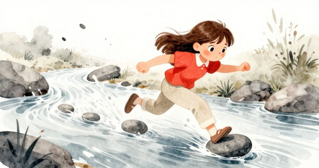 Ivy急速奔跑追逐滑落的石板，臉上驚急與專注，在急流溪邊動感十足，整個畫面充滿迅速變化與迫切情感。