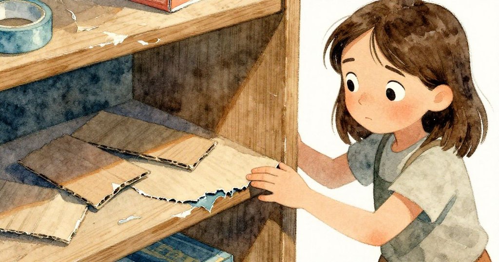 Thea仔細觸摸略顯破舊的膠帶邊緣，散落紙板碎片映出歲月痕跡，房間角落充滿故事感，細節豐富。