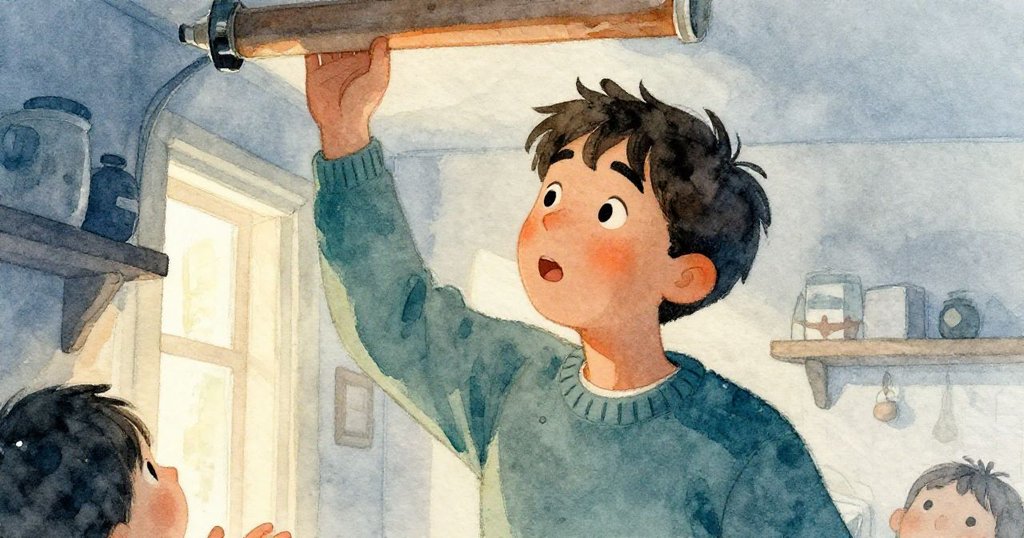 從低角度望去，York伸手穩住懸掛管道，神情驚訝而堅定，背景透出家庭溫馨氛圍。