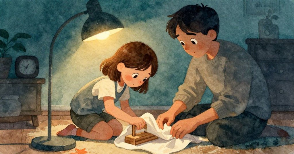 室內柔和燈光下，Thea跪地折疊亞麻巾，York同步扶穩木塊，二人默契合作解決難題，神情堅定。