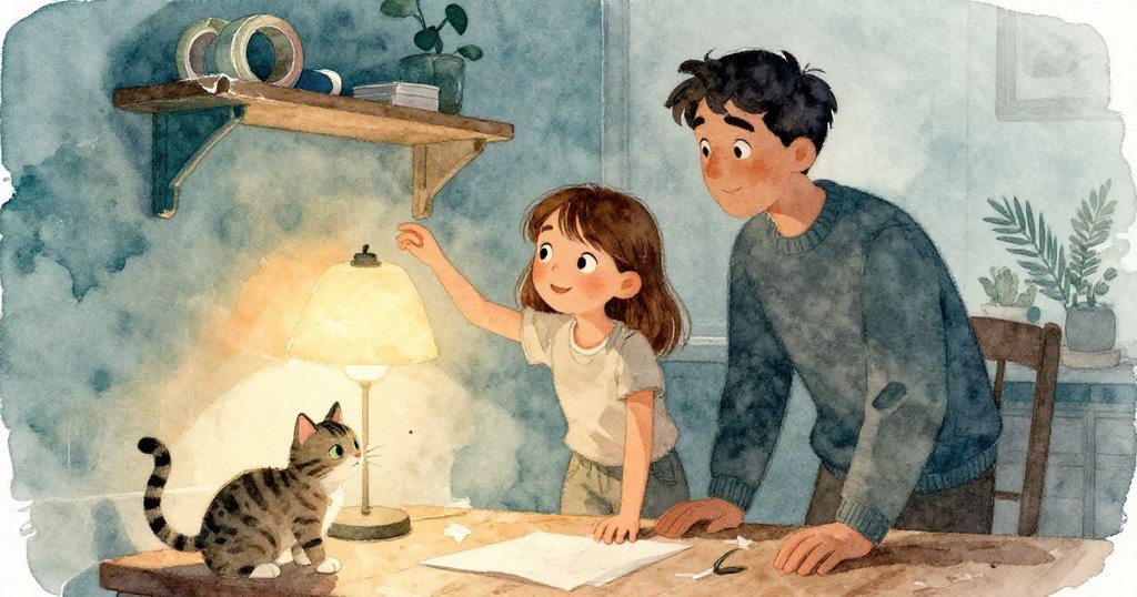 修復完成，Thea與York露出滿意微笑，溫暖光影中，貓咪靜臥燈旁告別一天挑戰，情感溫馨收束。