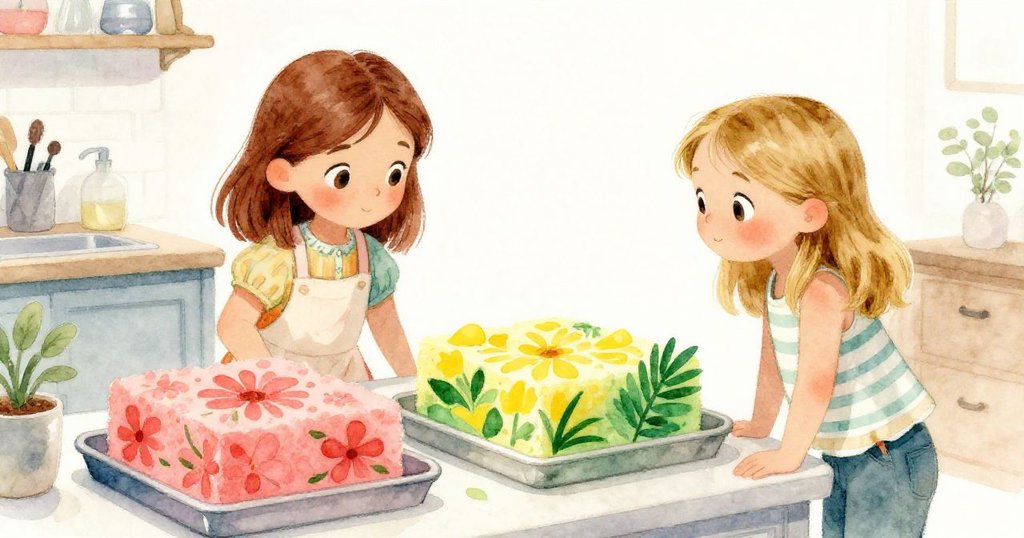 瑪哥與露比仔細觀察托盤上兩塊花泥,一塊濕透一塊半浸,光線溫暖,情緒專注中帶著好奇