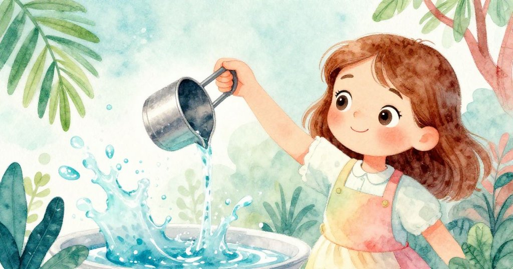 瑪哥專注用金屬挖勺舀水卻突然甩動導致水濺四散,近距離呈現動感與細節,情緒專注轉緊張