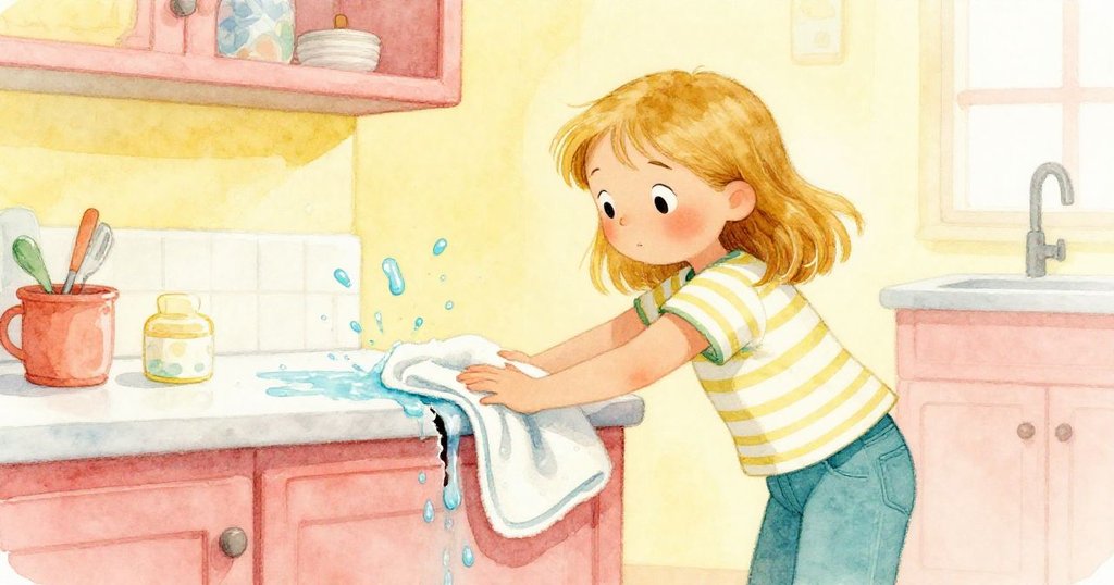 露比迅速動作用毛巾按住縫隙封住水流,散落絲帶與紙巾細節隱現,情緒由緊張轉向穩定