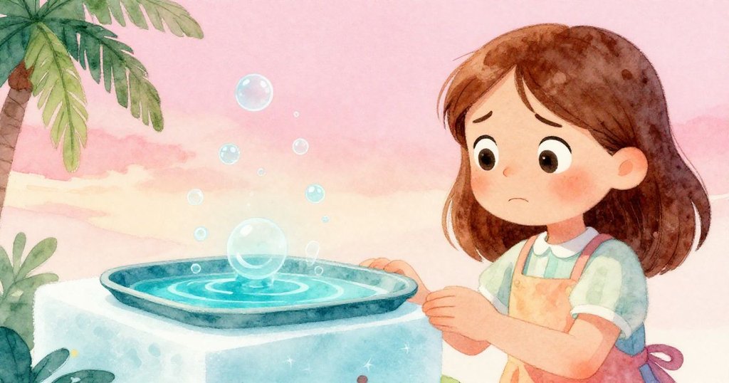 瑪哥憂心又帶點欣慰地望著自行平衡的托盤,水面上緩緩冒出泡泡,情緒呈現內心掙扎與希望