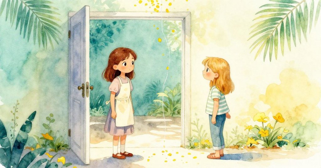 瑪哥與露比並肩站在敞開的門前,透過細水流飄送黃花瓣至陰影儲藏間,望向前方新希望,情緒平和